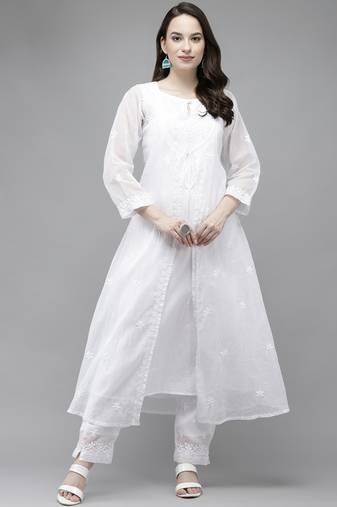 Hand embroidered white kota lucknowi chikankari kurta set