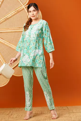 Hand embroidered sea green chanderi lucknowi chikankari co-ord set