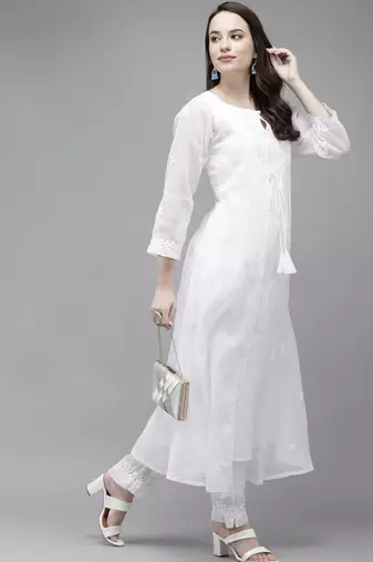 Hand embroidered white kota lucknowi chikankari kurta set