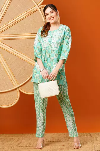 Hand embroidered sea green chanderi lucknowi chikankari co-ord set