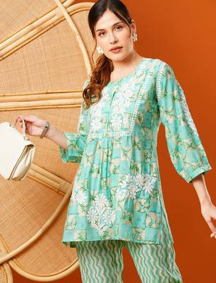 Hand embroidered sea green chanderi lucknowi chikankari co-ord set 5