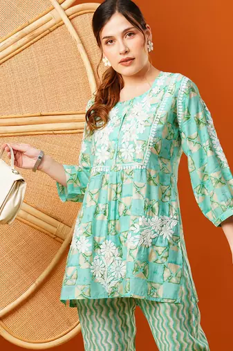 Hand embroidered sea green chanderi lucknowi chikankari co-ord set