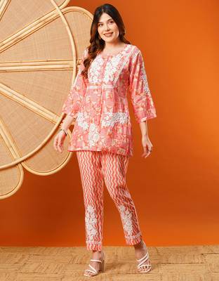 Hand embroidered peach chanderi lucknowi chikankari co-ord set 1