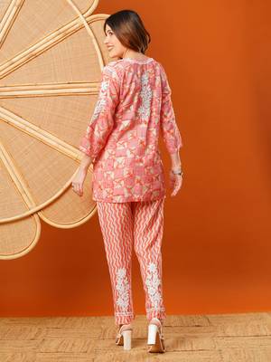 Hand embroidered peach chanderi lucknowi chikankari co-ord set 2