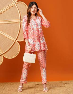 Hand embroidered peach chanderi lucknowi chikankari co-ord set 3