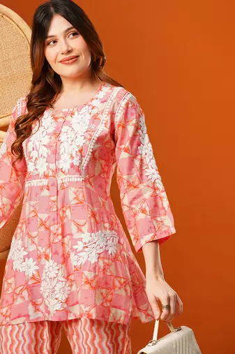 Hand embroidered peach chanderi lucknowi chikankari co-ord set