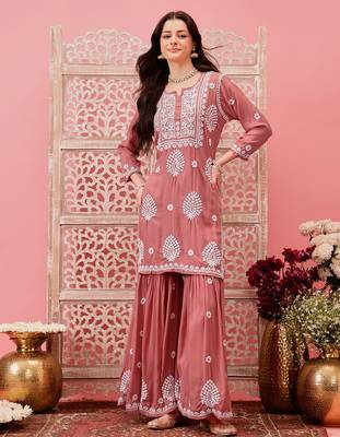 Hand embroidered dusty peach modal lucknowi chikankari garara set 1