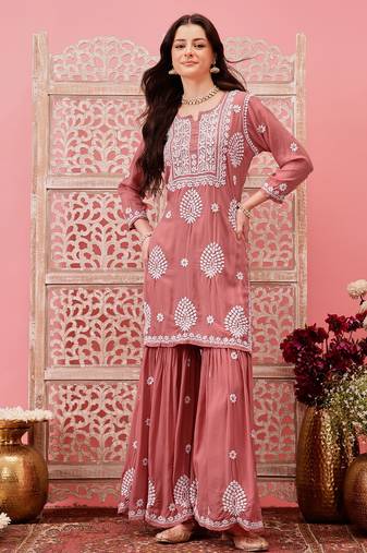Hand embroidered dusty peach modal lucknowi chikankari garara set