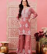Hand embroidered dusty peach modal lucknowi chikankari garara set