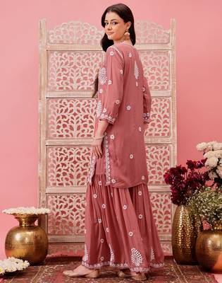 Hand embroidered dusty peach modal lucknowi chikankari garara set 2