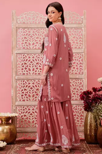 Hand embroidered dusty peach modal lucknowi chikankari garara set