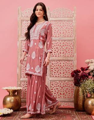 Hand embroidered dusty peach modal lucknowi chikankari garara set 3