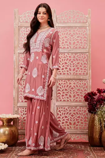 Hand embroidered dusty peach modal lucknowi chikankari garara set