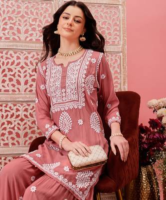 Hand embroidered dusty peach modal lucknowi chikankari garara set 4