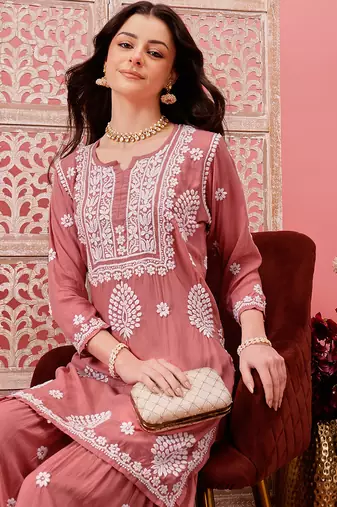Hand embroidered dusty peach modal lucknowi chikankari garara set