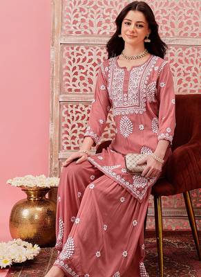 Hand embroidered dusty peach modal lucknowi chikankari garara set 5