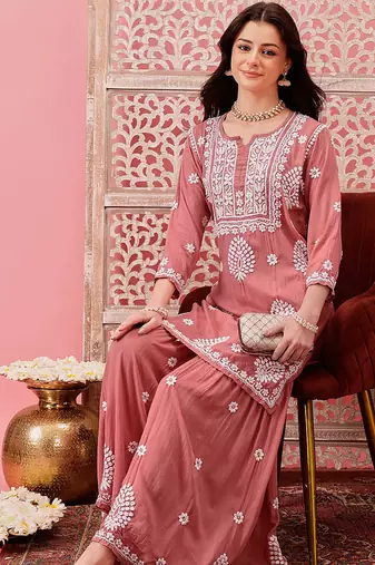 Hand embroidered dusty peach modal lucknowi chikankari garara set