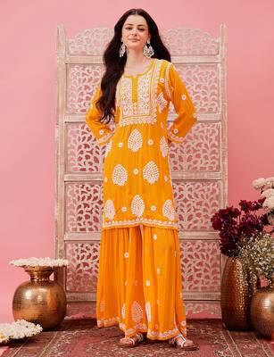 Hand embroidered yellow modal lucknowi chikankari garara set 1