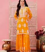 Hand embroidered yellow modal lucknowi chikankari garara set