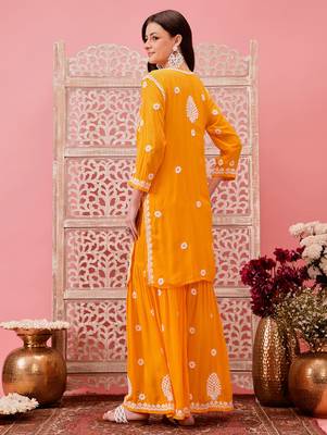 Hand embroidered yellow modal lucknowi chikankari garara set 2
