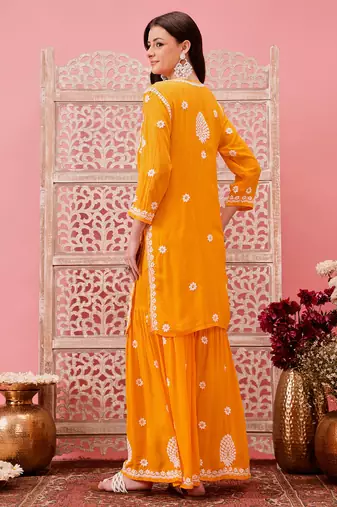 Hand embroidered yellow modal lucknowi chikankari garara set