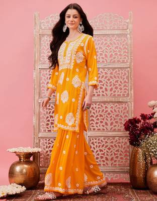Hand embroidered yellow modal lucknowi chikankari garara set 3