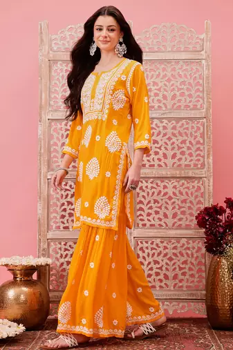 Hand embroidered yellow modal lucknowi chikankari garara set