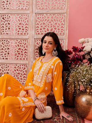 Hand embroidered yellow modal lucknowi chikankari garara set 4