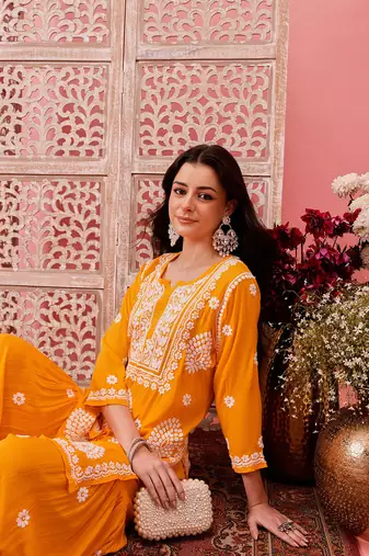 Hand embroidered yellow modal lucknowi chikankari garara set