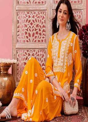 Hand embroidered yellow modal lucknowi chikankari garara set 5