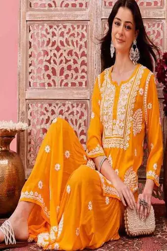 Hand embroidered yellow modal lucknowi chikankari garara set