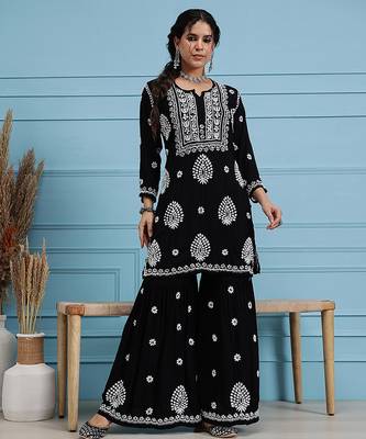 Hand embroidered black modal lucknowi chikankari garara set 1