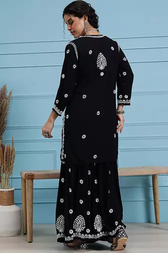 Hand embroidered black modal lucknowi chikankari garara set