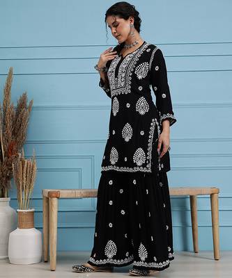 Hand embroidered black modal lucknowi chikankari garara set 3