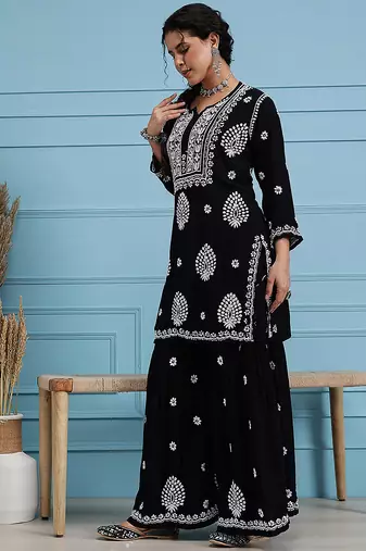 Hand embroidered black modal lucknowi chikankari garara set