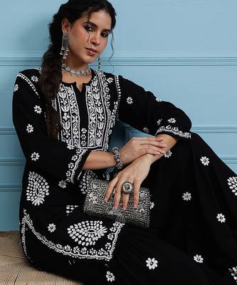 Hand embroidered black modal lucknowi chikankari garara set 4