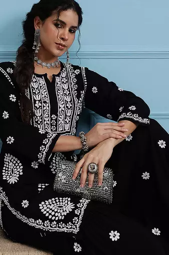 Hand embroidered black modal lucknowi chikankari garara set