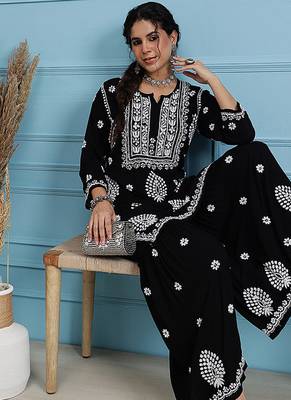 Hand embroidered black modal lucknowi chikankari garara set 5
