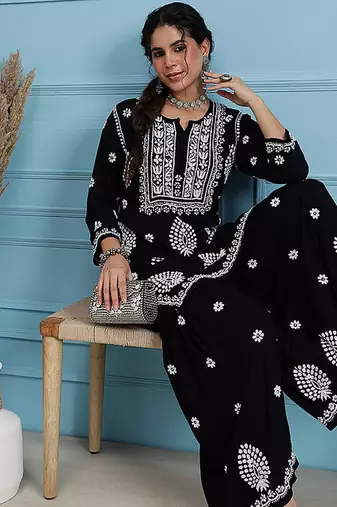 Hand embroidered black modal lucknowi chikankari garara set