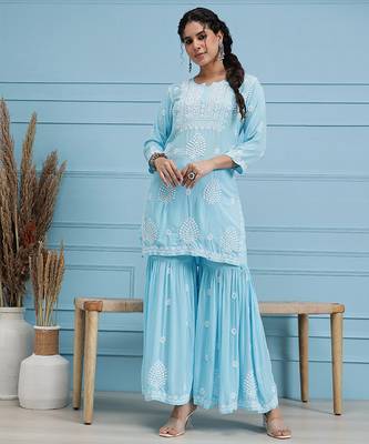 Hand embroidered sky blue modal lucknowi chikankari garara set 1