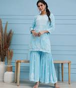 Hand embroidered sky blue modal lucknowi chikankari garara set