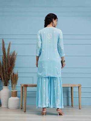 Hand embroidered sky blue modal lucknowi chikankari garara set 2