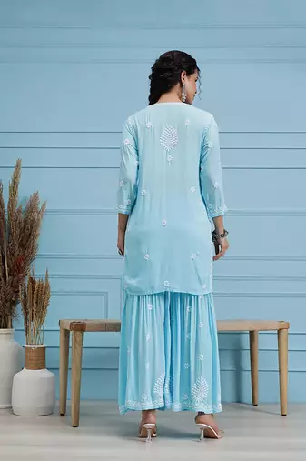 Hand embroidered sky blue modal lucknowi chikankari garara set