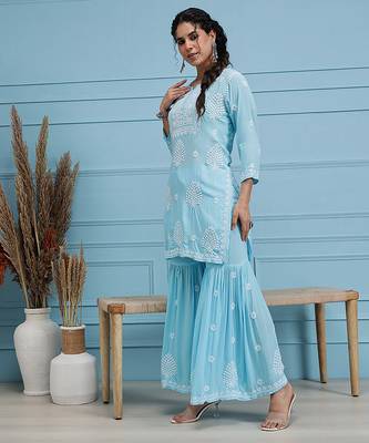 Hand embroidered sky blue modal lucknowi chikankari garara set 3