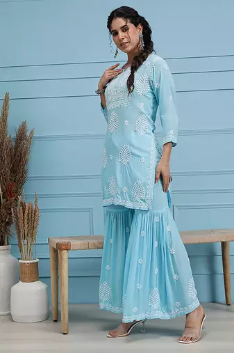 Hand embroidered sky blue modal lucknowi chikankari garara set