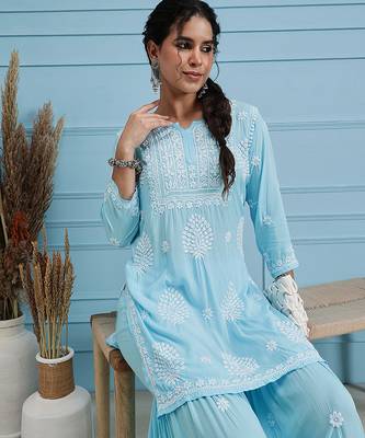 Hand embroidered sky blue modal lucknowi chikankari garara set 4