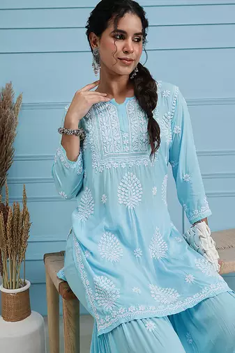 Hand embroidered sky blue modal lucknowi chikankari garara set