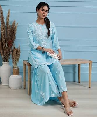 Hand embroidered sky blue modal lucknowi chikankari garara set 5