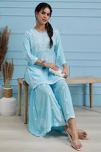 Hand embroidered sky blue modal lucknowi chikankari garara set
