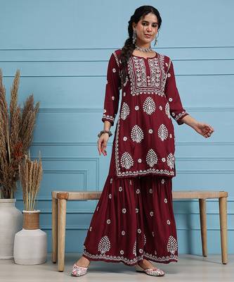 Hand embroidered maroon modal lucknowi chikankari garara set 1